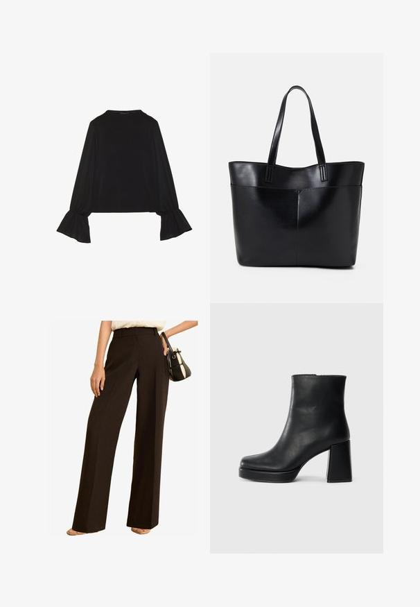 Melna garām piedurknēm krekls ar izplestu aproču, maigu tekstūru un brīvu piegriezumu, ar vienkāršu apaļu dekoltē.; Plati staro bikses tumši brūnā audumā, ar augstu jostasvietu, pielāgotu dizainu un gludu tekstūru. Apvienotas ar mazu rokassomu.; Melna ādas potīšu zābaku ar bloku papēdi un platformas zoli, skatīts no sāna uz vienkārša balta fona.; Melnas ādas iepirkumu soma ar divām garām rokturām, gludu tekstūru un strukturētu formu. Iekļauj priekšējo kabatu papildu uzglabāšanai.