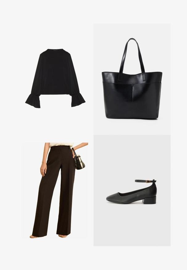Čierny top s dlhými rukávmi, flitrovanými manžetami, mäkkou textúrou a voľným strihom, s jednoduchým okrúhlym výstrihom.; Široké nohavice v tmavohnedej látke, s vysokým pásom, strihom prispôsobeným postave a hladkým povrchom. Doplnkové malé kabelky.; Čierne kožené lodičky s špicatou špičkou a nízkym blokovým podpätkom. Obsahuje remienok okolo členka so zlatým prackou. Hladký povrch.; Čierna kožená tote taška s dvoma dlhými rúčkami, hladkým povrchom a štruktúrovaným tvarom. Obsahuje prednú kapsu pre dodatočné uskladnenie.