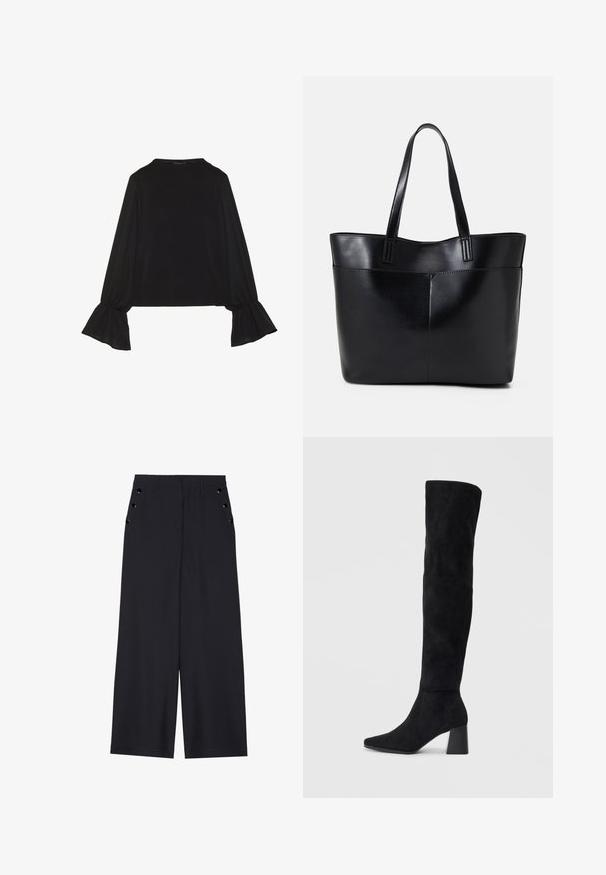 Top negru cu mânecă lungă, cu mansete evazate, textură moale și croială lejeră, având un guler rotund simplu.; Pantaloni evazați din material bleumarin închis, cu o textură netedă, pliseuri frontale și ochiuri decorative aurii pe buzunarele laterale.; Cizme negre din suede, cu toc bloc, vârf ascuțit și un design neted, fără cusături, pe un fundal deschis.; Geantă oversized din piele neagră, cu două mânere lungi, de textură netedă și formă structurată. Are un buzunar frontal pentru stocare suplimentară.