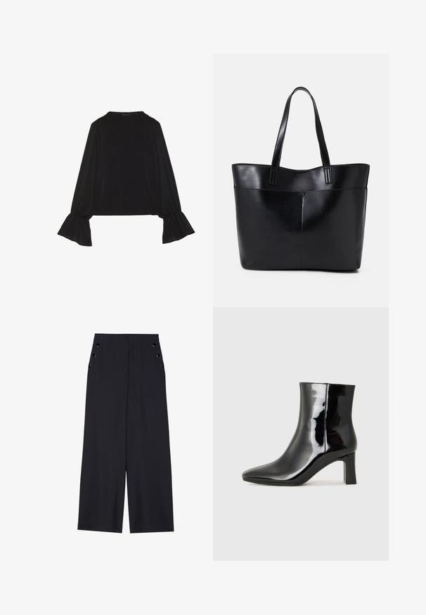 Černý top s dlouhými rukávy, který má rozšířené manžety, jemnou texturu a volný střih, s jednoduchým kulatým výstřihem.; Široké kalhoty z tmavě námořnické látky, s hladkou texturou, předními sklady a dekorativními zlatými nýty na bočních kapsách.; Černé lakované kotníkové boty s špičatou špičkou a středně vysokým blokovým podpatkem. Hladká textura a minimalistický design.; Černá kožená taška s dlouhými ušima, hladkým povrchem a strukturovaným tvarem. Obsahuje přední kapsu pro další úložný prostor.