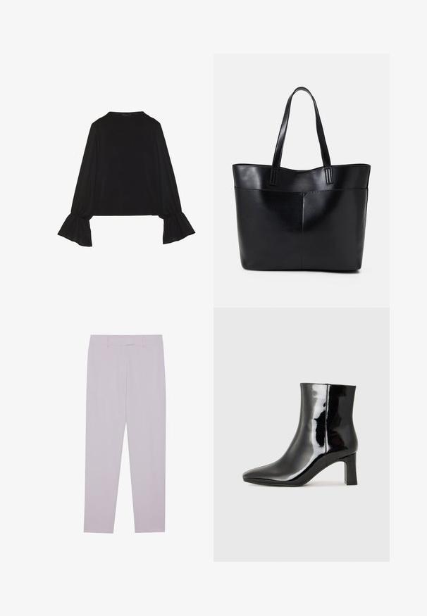 Juoda ilgomis rankovėmis palaidinė su išsiplėtusiais rankogaliais, minkšta tekstūra ir laisva forma, su paprastu apvaliu kaklu.; Šviesiai violetiniai kelnių pagaminti iš lygaus audinio, su pritaikytu kirpimu, diržo kilpomis ir tiesiomis kojomis.; Juodos lakuotos odinės aulinukės su smailiu pirštu ir vidutinio aukščio blokuotu kulnu. Lygus paviršius ir minimalistinis dizainas.; Juoda odinė rankinė su dviem ilgais diržais, lygiu paviršiumi ir struktūrizuota forma. Yra priekinė kišenė papildomam saugojimui.