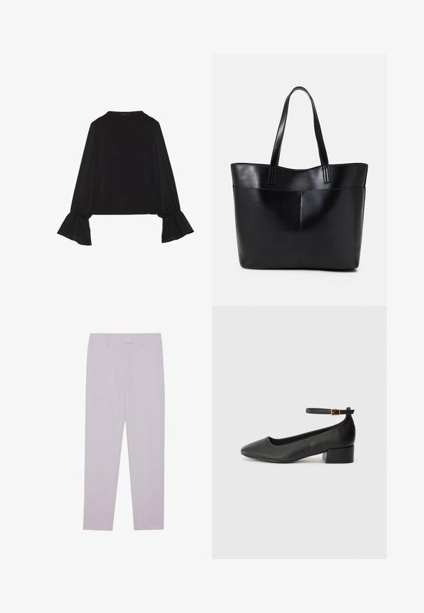 Svart langermet topp med utsvingte mansjetter, myk tekstur og avslappet passform, med enkel rund hals.; Lyse lilla bukser laget av glatt stoff, med skreddersydd passform, beltehanker og rett ben-design.; Sorte skinnpumper med spiss tå og lav blokkhelt. Har ankelrem med gullfarget spenne. Glatt tekstur.; Svart lær toteveske med to lange håndtak, en glatt tekstur og en strukturert form. Har en frontlomme for ekstra oppbevaring.