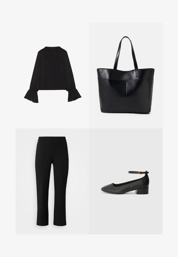 Maglietta nera a maniche lunghe con polsini svasati, texture morbida e vestibilità rilassata, con un semplice collo rotondo.; Vero Moda Curve VMCBECKY PULL ON - Pantaloni - black; Pump in pelle nera con punta affusolata e tacco basso a blocco. Presenta una cinghia alla caviglia con una fibbia in tonalità oro. Texture liscia.; Borsa a tracolla in pelle nera con due manici lunghi, una texture liscia e una forma strutturata. Presenta una tasca frontale per ulteriore spazio di archiviazione.