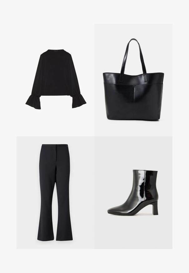 Top noir à manches longues avec des poignets évasés, texture douce et coupe décontractée, doté d'un col rond simple.; Pantalons évasés noirs en tissu mélangé de coton, avec une texture lisse, une ceinture et des détails de couture à l'avant.; Bottines en cuir verni noir avec un bout pointu et un talon block de hauteur moyenne. Texture lisse et design minimaliste.; Sac fourre-tout en cuir noir avec deux longues poignées, une texture lisse et une forme structurée. Dispose d'une poche avant pour un rangement supplémentaire.