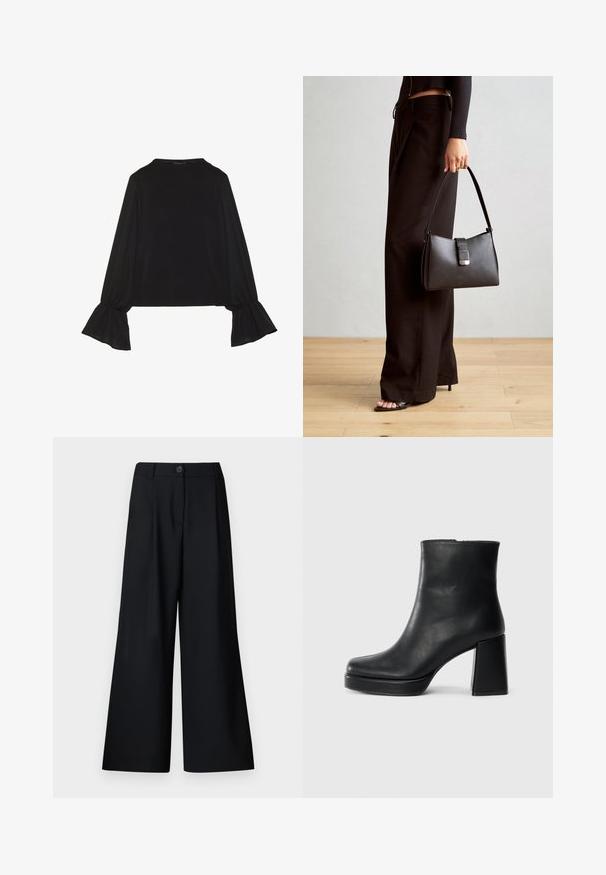 Melna garām piedurknēm krekls ar izplestu aproču, maigu tekstūru un brīvu piegriezumu, ar vienkāršu apaļu dekoltē.; Modström GALEMD - Auduma bikses - black; Melna ādas potīšu zābaku ar bloku papēdi un platformas zoli, skatīts no sāna uz vienkārša balta fona.; Melnā somiņa ar strukturētu formu, gludu tekstūru un metālu sprādzi. Saskaņota ar platām melnām biksēm un sandālēm ar atvērtu purngalu uz koka grīdas.