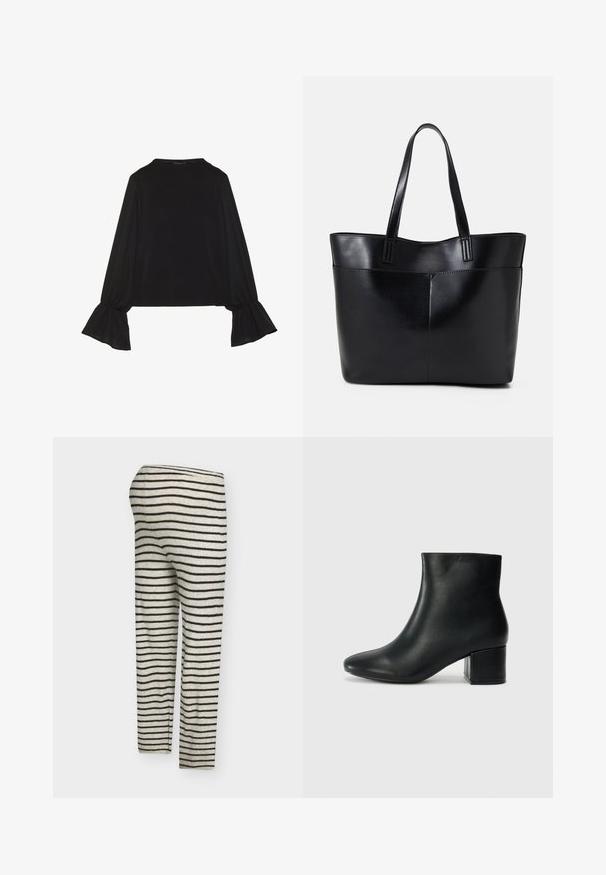Schwarz langärmliges Oberteil mit ausgestellt geschnittenen Bündchen, weicher Textur und entspannter Passform, mit einem schlichten runden Halsausschnitt.; Gestrickte Leggings in Cremefarbe mit schwarzen horizontalen Streifen. Sie haben eine körpernahe Passform und einen elastischen Bund.; Schwarze Leder-Ankle-Boots mit spitzem Zehenbereich und klobigem Absatz. Glatte Textur mit minimalen Akzenten und einem eleganten, taillierten Design.; Schwarze Leder-Shopper-Tasche mit zwei langen Griffen, einer glatten Textur und einer strukturierten Form. Verfügt über eine Vordertasche für zusätzlichen Stauraum.