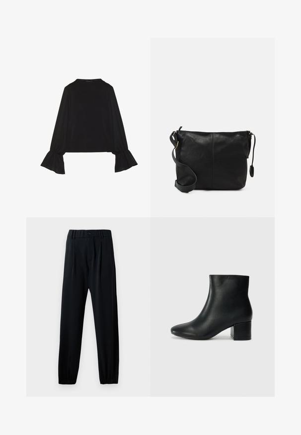 Top preto de mangas longas com punhos largos, textura suave e um corte descontraído, com um simples decote redondo.; Calças pretas com elástico na cintura, fecho de botão, design de perna reta e punhos franzidos. Feitas de um tecido leve e suave.; Botas de tornozelo em pele preta com bico pontiagudo e um salto robusto. Textura suave com acentos mínimos e um design ajustado e elegante.; Mala de ombro em couro preto com forma plana, detalhes em metal dourado e alça ajustável. Textura suave com detalhes de costura mínimos.