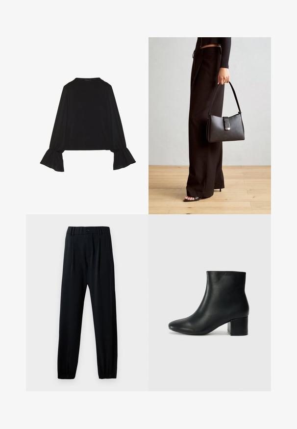 Top negru cu mânecă lungă, cu mansete evazate, textură moale și croială lejeră, având un guler rotund simplu.; Pantaloni negri cu talie elastică, închidere cu button, design cu picioare drepte și manșete strânse. Fabricat dintr-un material neted și ușor.; Cizme negre din piele până la gleznă, cu vârf ascuțit și toc robust. Textură netedă, cu accente minime și un design elegant, ajustat.; Genți negre cu o formă structurată, textură netedă și un închizător metalic. Asortată cu pantaloni negri largi și sandale cu vârf deschis pe un podea din lemn.