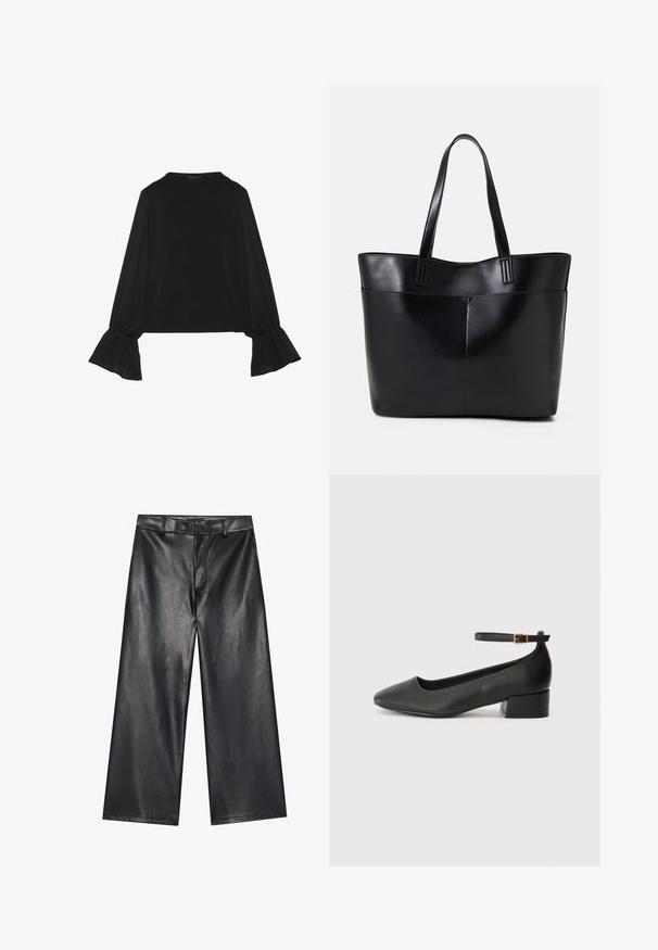 Black long-sleeve top featuring flared cuffs, soft texture, and a relaxed fit, with a simple round neckline.; Black leather wide-leg trousers with a smooth texture, belt loops, and a front zipper. Features a loose fit and clean stitching details.; Black leather pump with a pointed toe and a low block heel. Features an ankle strap with a gold-tone buckle. Smooth texture.; Black leather tote bag with two long handles, a smooth texture, and a structured shape. Features a front pocket for additional storage.