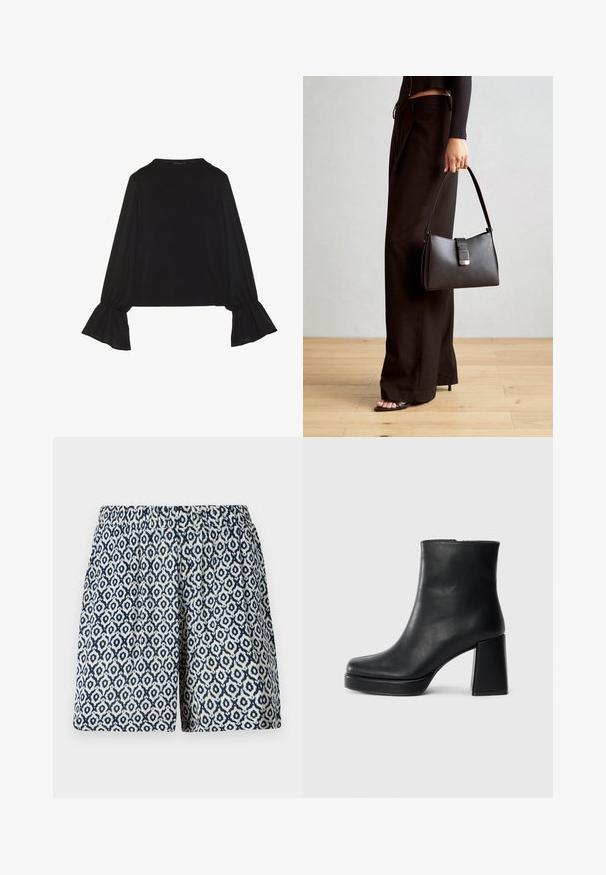 Top preto de mangas longas com punhos largos, textura suave e um corte descontraído, com um simples decote redondo.; Calções estampados com um desenho geométrico azul-marinho e branco, cintura elástica, corte clássico, com uma textura de tecido suave e leve.; Bota de couro preta até ao tornozelo com salto bloco e sola com plataforma, vista de lado sobre um fundo branco liso.; Bolsa preta com forma estruturada, textura suave e um fecho metálico. Combinada com calças largas pretas e sandálias de salto aberto sobre um chão de madeira.