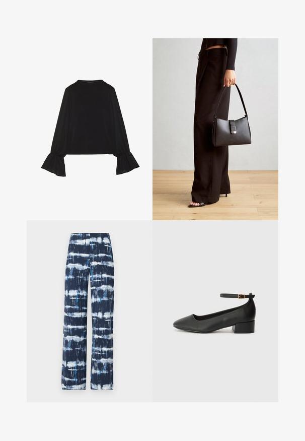 Zwarte langemouwen top met uitlopende manchetten, een zachte textuur en een relaxed fit, met een eenvoudige ronde halslijn.; Brede broek in marineblauw met een wit en turquoise tie-dye patroon. Gemaakt van lichte stof, met een gladde textuur en een ontspannen pasvorm.; Zwarte leren pump met een spitse neus en een lage blokhak. Beschikt over een enkelband met een goudkleurige gespsluiting. Gladde textuur.; Zwarte handtas met gestructureerde vorm, gladde textuur en een metalen sluiting. Gecombineerd met brede zwarte broeken en sandalen met open teen op een houten vloer.