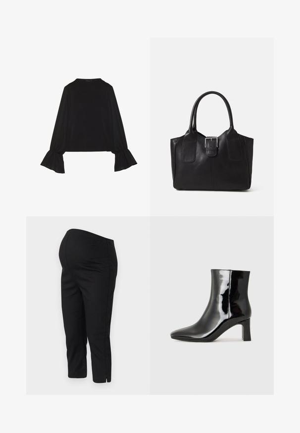 Černý top s dlouhými rukávy, který má rozšířené manžety, jemnou texturu a volný střih, s jednoduchým kulatým výstřihem.; Černé strečové kalhoty s elastickým pasem, zkrácená délka a boční rozparky na lemech pro snadný pohyb. Hladký povrch.; Černé lakované kotníkové boty s špičatou špičkou a středně vysokým blokovým podpatkem. Hladká textura a minimalistický design.; Černá kožená tote taška s hladkým povrchem, strukturovaným tvarem, dvěma uchy a výrazným stříbrným detailem s přezkou na přední straně.