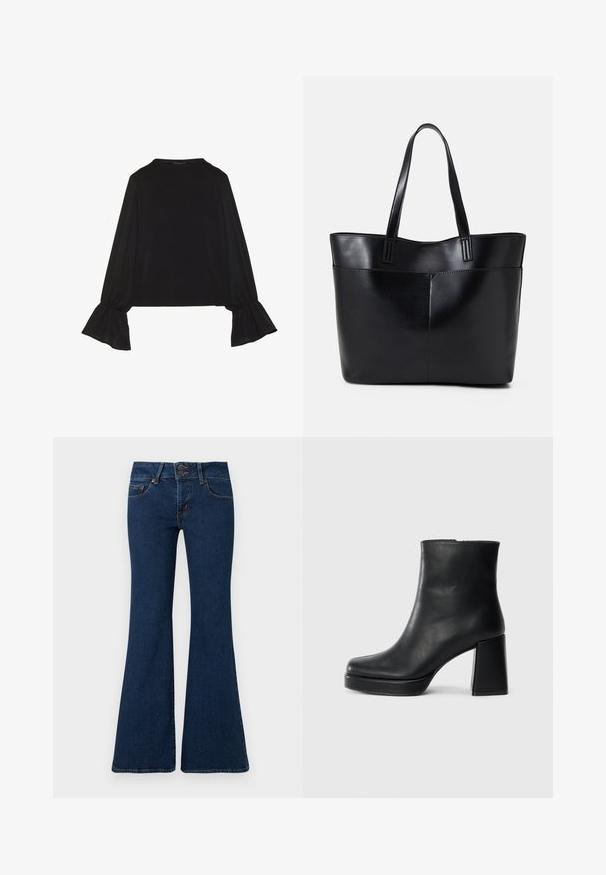 Top noir à manches longues avec des poignets évasés, texture douce et coupe décontractée, doté d'un col rond simple.; Jean flare bleu foncé en denim, avec fermeture éclair et double bouton, poches avant et détails cousus le long des côtés.; Bottine en cuir noir avec un talon bloc et une semelle plateforme, vue de côté sur un fond blanc uni.; Sac fourre-tout en cuir noir avec deux longues poignées, une texture lisse et une forme structurée. Dispose d'une poche avant pour un rangement supplémentaire.