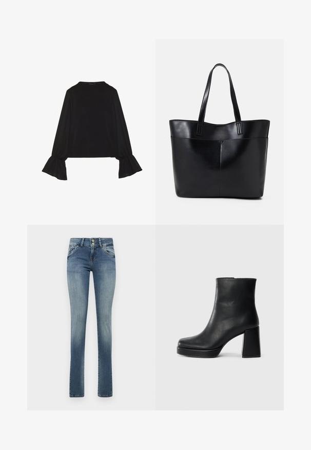 Mustsärgid musta tooniga, pika varrukaga, flöödid käised, pehme tekstuur ja vabalt langev lõige, lihtsa ümaraga kaelusega.; Heledad tumesinine teksad sirge lõikega, kahte esikäed, pleekinud viimistlus ja väike kulunud detail paremal reiel.; Must musta ankle boot, milleplokk-konts ja platvormi tallaga, vaadatud küljelt ühetoonilise valge tausta peal.; Must mustaga musta nahast, millel on kaks pikka kanda, sile tekstuur ja struktureeritud kuju. Esipoolsel on lisakoti jaoks tasku.