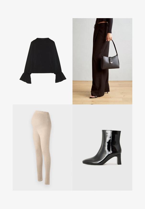 Svart långärmad topp med utställda ärmslut, mjuk textur och avslappnad passform, med en enkel rund halsringning.; Beige graviditetsleggings med hög midja, tillverkade av mjukt, sträckbart material, med en figurnära design och slät yta.; Svart lackläder ankelboot med spetsig tå och en medelhög klack. Slät textur och minimalistisk design.; Svart handväska med strukturerad form, slät yta och metallspänne. Matchad med vida svarta byxor och sandaler med öppen tå på trägolv.