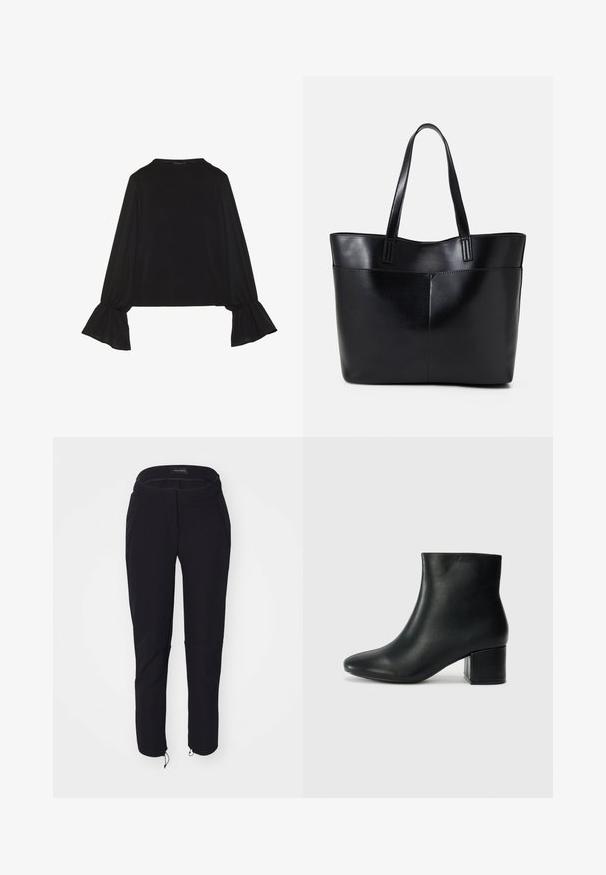 Black long-sleeve top featuring flared cuffs, soft texture, and a relaxed fit, with a simple round neckline.; Black pants with a smooth texture, featuring a fitted design, elastic waistband, two pockets, and adjustable cuffs with drawstrings.; Black leather ankle boots with a pointed toe and a chunky heel. Smooth texture with minimal accents and a sleek, fitted design.; Black leather tote bag with two long handles, a smooth texture, and a structured shape. Features a front pocket for additional storage.