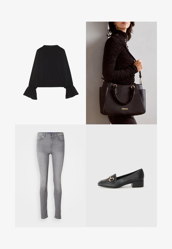 Black long-sleeve top featuring flared cuffs, soft texture, and a relaxed fit, with a simple round neckline.; Gray skinny jeans, denim material, five-pocket design, belt loops, front button closure, and slight fading pattern on legs.; Black leather loafers with a flat heel, featuring a decorative gold hardware detail on the front and a smooth texture.; Black handbag with textured surface, dual top handles, and adjustable shoulder strap. Features gold-tone hardware and side pockets.