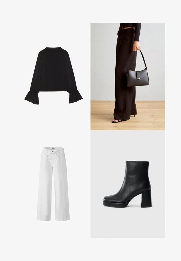 Maglietta nera a maniche lunghe con polsini svasati, texture morbida e vestibilità rilassata, con un semplice collo rotondo.; Pantaloni bianchi a gamba larga realizzati in denim, con vita regolabile, tasche anteriori e chiusura con bottone. Tessuto liscio e design semplice.; Stivale alla caviglia in pelle nera con tacco a blocco e suola platform, visto di lato su uno sfondo bianco uniforme.; Borsa nera con forma strutturata, texture liscia e una chiusura metallica. Abbinata a pantaloni neri larghi e sandali open-toe su un pavimento in legno.