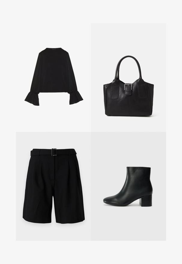 Black long-sleeve top featuring flared cuffs, soft texture, and a relaxed fit, with a simple round neckline.; Black tailored shorts with a smooth texture, featuring a wide waistband and a metal buckle detail. Structured design and pleated front.; Black leather ankle boots with a pointed toe and a chunky heel. Smooth texture with minimal accents and a sleek, fitted design.; Black leather tote bag with smooth texture, structured shape, two handles, and a prominent silver buckle detail on the front.