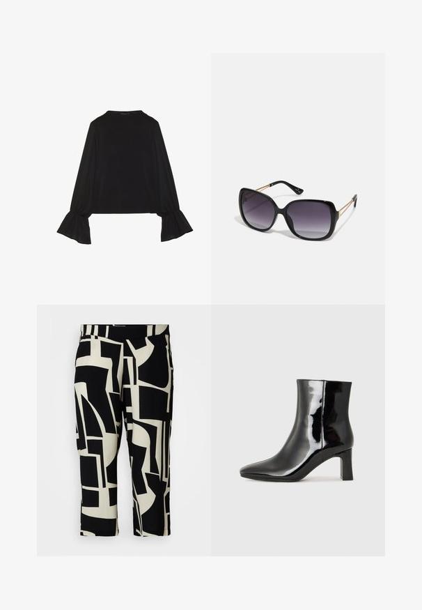 Musta pitkähihainen toppi, jossa on levenevät hihansuut, pehmeä rakenne ja rento fit, yksinkertaisella pyöreällä pääntiellä.; Mustat ja kerma-abstraktit kuvioidut lyhyet housut, joissa on sileä pinta ja joustava vyötärö, ja joissa on geometrisia muotoja.; Musta patenttilakattu nilkkuri, jossa on terävä kärki ja keskipitkä lohkarekorko. Silkkinen pinta ja minimalistinen muotoilu.; Mustat ylisuurten kehysten aurinkolasit, joissa on liukuväri-linssit, paksut kehykset ja kultasävyiset ketjustuskoristeet temppeleissä.; Musta käsilaukku, jossa on teksturoitu pinta, kaksi yläkantta ja säädettävä olkahihna. Varustettu kultasävyisillä varusteilla ja sivutaskuilla.