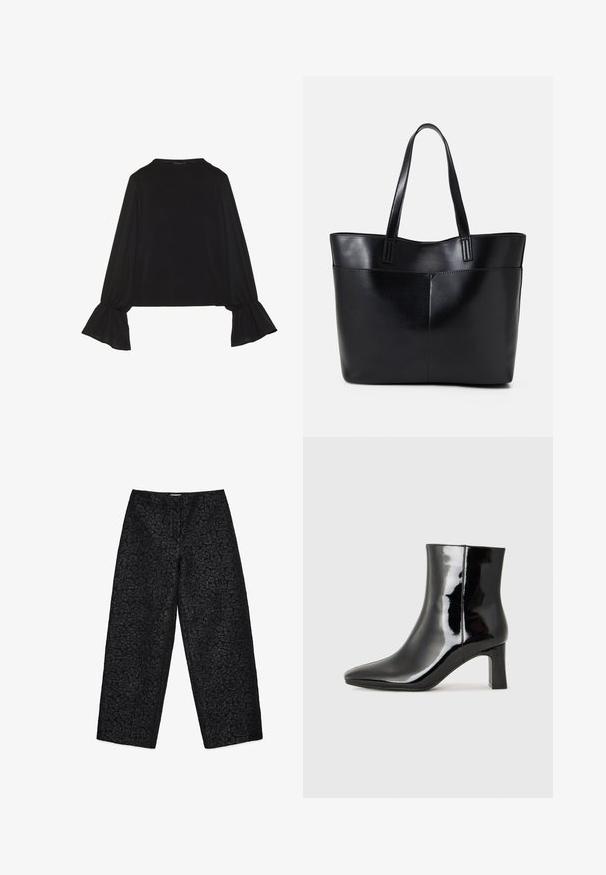 Črn dolg rokav vrh z razširjenimi manšetami, mehko teksturo in sproščenim krojem, z preprostim okroglim izrezom.; Široke črne hlače iz teksturirane tkanine s subtilnim vzorcem. Oblikovanje vključuje visok pas in brez vidnih zapirali.; Črne lakirane gležnjarje z ošiljenim nosom in srednje visokim blokastim peto. Gladka tekstura in minimalističen dizajn.; Črna usnjena torba z dvema dolgima ročajema, gladko teksturo in strukturirano obliko. Ima sprednji žep za dodatno shranjevanje.