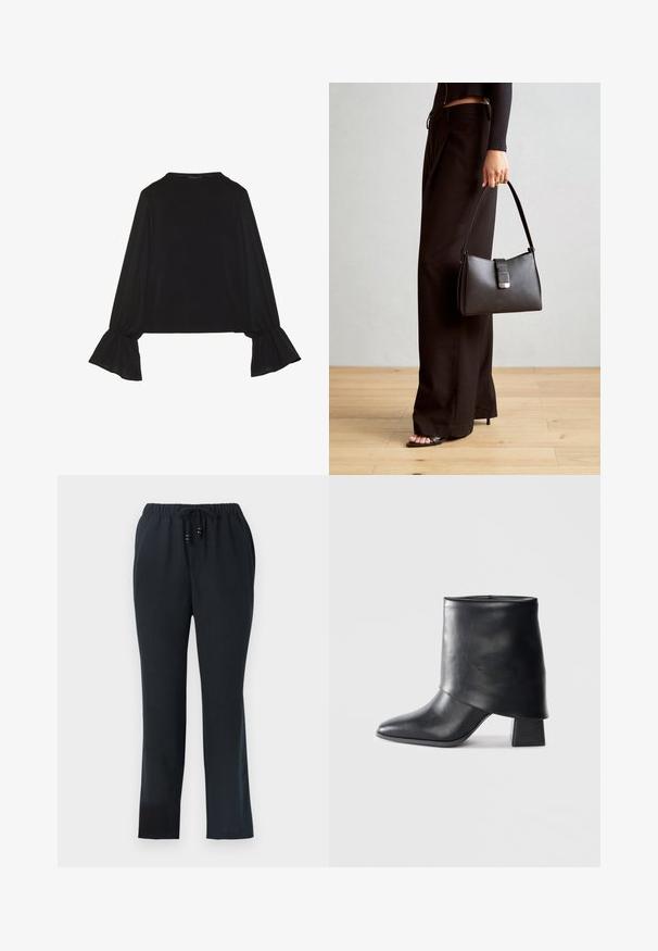 Mustsärgid musta tooniga, pika varrukaga, flöödid käised, pehme tekstuur ja vabalt langev lõige, lihtsa ümaraga kaelusega.; Mustavad, lõdva lõikega püksid, millel on elastne vöökoht ja pael. Valmistatud kergest kangast, millel on sile tekstuur ja sirged sääred.; Mustad nahast pahkluuring, millel on terav varvas, sile tekstuur ja struktureeritud plokknakk. Omab kõrget, volditud suud.; Must musta kott, millel on struktureeritud kuju, sile tekstuur ja metallist klamber. Kombineeritud laiate mustade pükstega ja avatud varvaste sandaalidega puidust põrandal.