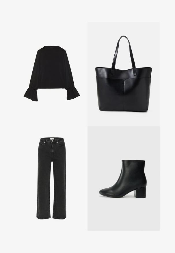 Melna garām piedurknēm krekls ar izplestu aproču, maigu tekstūru un brīvu piegriezumu, ar vienkāršu apaļu dekoltē.; Melni platā kājstarpes džinsi, izgatavoti no denima, ar augstu jostasvietu, priekšējām kabatām un rāvējslēdzēju ar pogu aizdari. Audums ar smalku izbalēšanu.; Melna ādas potīšu zābaki ar smailu purngalu un masīlu papēdi. Gluda tekstūra ar minimāliem akcentiem un gludu, pieguļošu dizainu.; Melnas ādas iepirkumu soma ar divām garām rokturām, gludu tekstūru un strukturētu formu. Iekļauj priekšējo kabatu papildu uzglabāšanai.