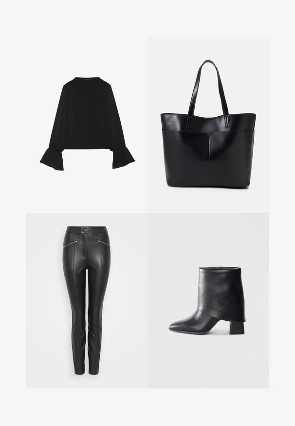 Zwarte langemouwen top met uitlopende manchetten, een zachte textuur en een relaxed fit, met een eenvoudige ronde halslijn.; Zwarte leren broek met een slim fit, voorzien van verticale naden, een ritszak aan elke kant en een knoopsluiting bij de taille.; Zwarte leren enkellaars met een spitse neus, een zachte textuur en een gestructureerde blokhak. Kenmerkt zich door een hoge, gevouwen kraag.; Zwarte leren tote bag met twee lange handvatten, een zachte textuur en een gestructureerde vorm. Voorzien van een voorvak voor extra opslagruimte.