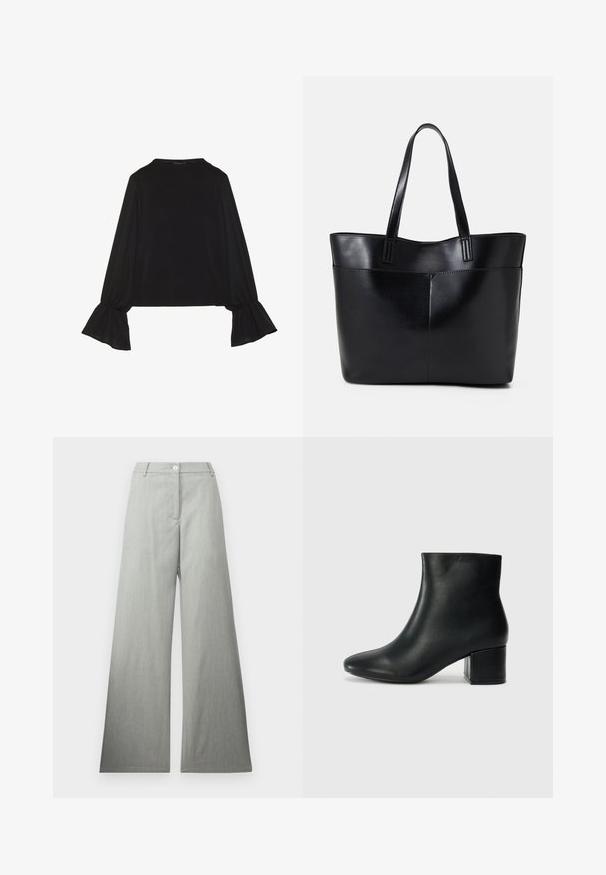 Melna garām piedurknēm krekls ar izplestu aproču, maigu tekstūru un brīvu piegriezumu, ar vienkāršu apaļu dekoltē.; Gai pelēki, plati bikses, izgatavotas no teksturēta auduma, ar priekšējo pogu aizdari un gludu, plakanu jostasvietu. Nav redzamu rakstu vai akcentu.; Melna ādas potīšu zābaki ar smailu purngalu un masīlu papēdi. Gluda tekstūra ar minimāliem akcentiem un gludu, pieguļošu dizainu.; Melnas ādas iepirkumu soma ar divām garām rokturām, gludu tekstūru un strukturētu formu. Iekļauj priekšējo kabatu papildu uzglabāšanai.