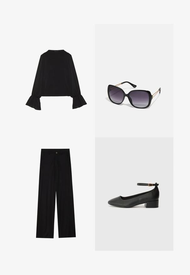 Black long-sleeve top featuring flared cuffs, soft texture, and a relaxed fit, with a simple round neckline.; Wide-leg black trousers made of a smooth fabric, featuring front pockets and a button closure at the waist. Minimalist design with no patterns.; Black leather pump with a pointed toe and a low block heel. Features an ankle strap with a gold-tone buckle. Smooth texture.; Black oversized sunglasses with gradient lenses, thick frames, and gold-tone chain detailing on the temple arms.; Black leather handbag with gold hardware, structured design, top handle, removable shoulder strap, and a front flap with clasp closure.
