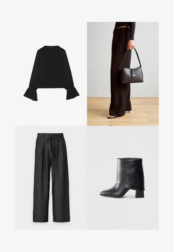 Black long-sleeve top featuring flared cuffs, soft texture, and a relaxed fit, with a simple round neckline.; Wide-leg black trousers with a textured fabric, featuring a drawstring waist and front pleats for added detail.; Black leather ankle boot with a pointed toe, smooth texture, and a structured block heel. Features a high, folded cuff design.; Black handbag with structured shape, smooth texture, and a metallic clasp. Paired with wide black pants and open-toe sandals on wooden floor.