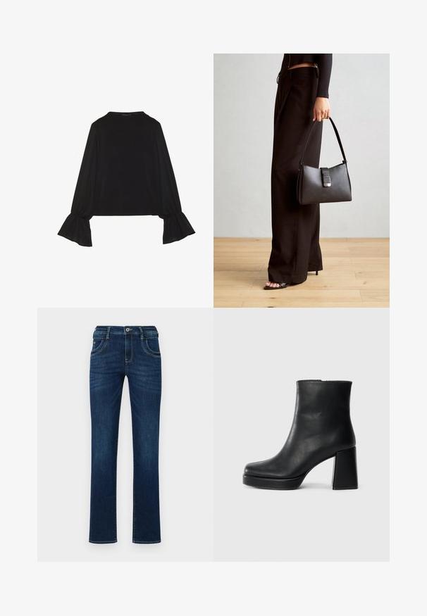Crna majica dugih rukava s proširenim manžetama, mekanim materijalom i opuštenim krojem, s jednostavnim okruglim izrezom.; Tamno plave traperice s ravnim nogavicama, dizajnom sa pet džepova i standardnim kopčanjem na gumb. Sadrže suptilne detalje šivanja.; Crna kožna čizma do gležnja s blok petom i platformom, prikazana s bočne strane na jednostavnoj bijeloj pozadini.; Crna torba s oblikom koji sadrži strukturu, glađu teksturu i metalnu kopču. Uparena s širokim crnim hlačama i sandalama na otvorenom s drvenog poda.