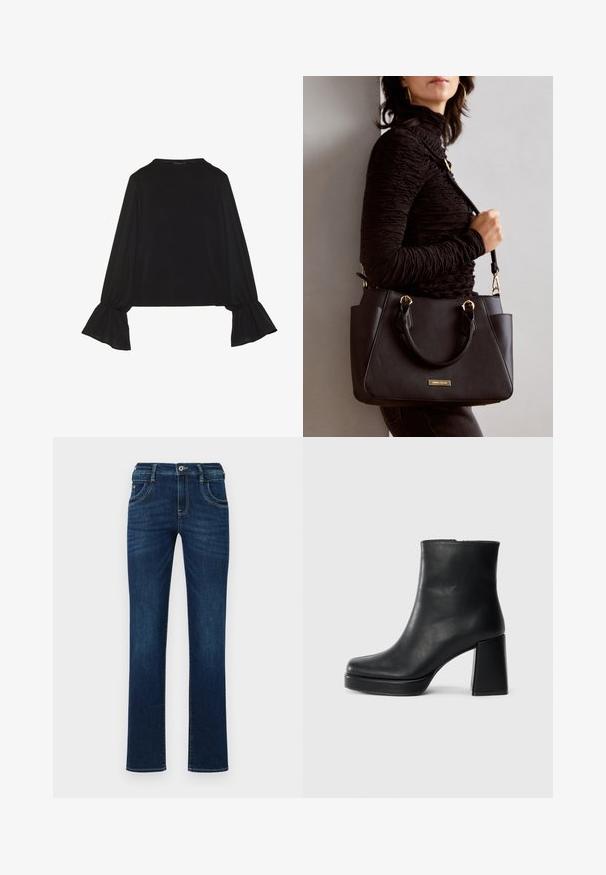 Top preto de mangas longas com punhos largos, textura suave e um corte descontraído, com um simples decote redondo.; Jeans de denim azul-escuro com corte de perna reta, design de cinco bolsos e fecho padrão de botão. Apresenta detalhes de costura subtis.; Bota de couro preta até ao tornozelo com salto bloco e sola com plataforma, vista de lado sobre um fundo branco liso.; Bolsa preta com superfície texturizada, alças superiores duplas e alça de ombro ajustável. Apresenta ferragens em tom dourado e bolsos laterais.