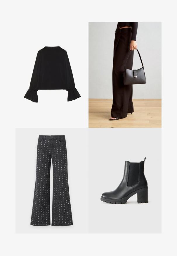 Melna garām piedurknēm krekls ar izplestu aproču, maigu tekstūru un brīvu piegriezumu, ar vienkāršu apaļu dekoltē.; Melnas džinsa bikses ar izpletni, kurām ir neliela sudraba naglu raksts, kas sakārtots vertikāli. Iekļautas ir piecas kabatas un pogu aizdare.; Melnas ādas potītes zābaki ar elastīgiem sānu paneļiem, masīvu gumijas zoli un augstu bloku papēdi. Aizmugurē ir vilkšanas cilpa.; Melnā somiņa ar strukturētu formu, gludu tekstūru un metālu sprādzi. Saskaņota ar platām melnām biksēm un sandālēm ar atvērtu purngalu uz koka grīdas.