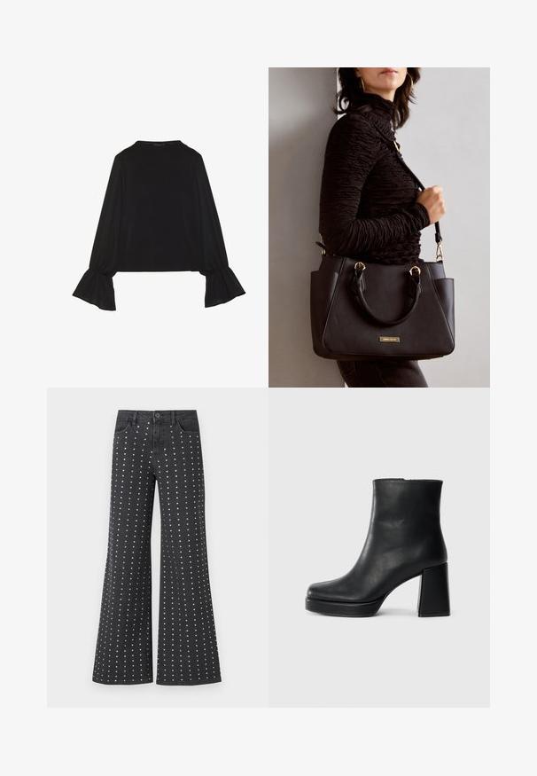 Maglietta nera a maniche lunghe con polsini svasati, texture morbida e vestibilità rilassata, con un semplice collo rotondo.; Jeans neri in denim a zampa d'elefante con un motivo di piccoli chiodini argentati disposti verticalmente. Inclusi cinque tasche e una chiusura con bottone.; Stivale alla caviglia in pelle nera con tacco a blocco e suola platform, visto di lato su uno sfondo bianco uniforme.; Borsa nera con superficie texturizzata, manici superiori doppi e tracolla regolabile. Dotata di hardware color oro e tasche laterali.