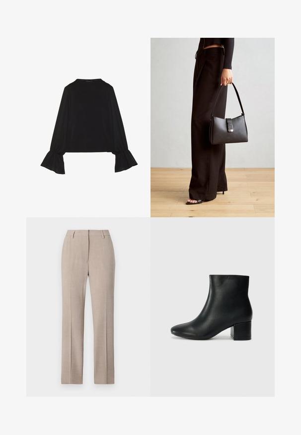 Melna garām piedurknēm krekls ar izplestu aproču, maigu tekstūru un brīvu piegriezumu, ar vienkāršu apaļu dekoltē.; Bežīgas pielāgotas bikses ar taisnu piegriezumu, izgatavotas no teksturēta auduma. Iekļauta plakanā priekšpuse un sānu kabatas. Nav redzamu rotājumu.; Melna ādas potīšu zābaki ar smailu purngalu un masīlu papēdi. Gluda tekstūra ar minimāliem akcentiem un gludu, pieguļošu dizainu.; Melnā somiņa ar strukturētu formu, gludu tekstūru un metālu sprādzi. Saskaņota ar platām melnām biksēm un sandālēm ar atvērtu purngalu uz koka grīdas.