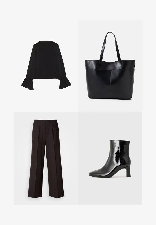 Fekete, hosszú ujjú felső, harang alakú mandzsettákkal, puha textúrával és laza szabással, egyszerű, kerek nyakkivágással.; Fekete, bő szárú nadrág lapos elülső résszel, redőkkel és sima szövettextúrával. Magas derekú és testre szabott szabású, amely strukturált illeszkedést biztosít.; Fekete lakk bőrcipő bokáig érő, hegyes orral és közepes magasságú tömbsarokkal. Simább textúrával és minimalista dizájnnal rendelkezik.; Fekete bőr bevásárlótáska két hosszú fogantyúval, sima felülettel és strukturált formával. Elülső zseb található rajta a plusz tárolás érdekében.