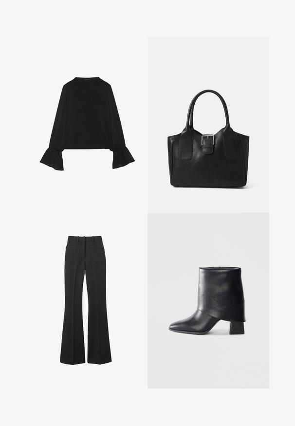 Zwarte langemouwen top met uitlopende manchetten, een zachte textuur en een relaxed fit, met een eenvoudige ronde halslijn.; Zwarte flare broeken gemaakt van gladde stof. Heeft twee achterzakken en riemlussen, met een wijd uiteinde dat naar de taille toelopend is.; Zwarte leren enkellaars met een spitse neus, een zachte textuur en een gestructureerde blokhak. Kenmerkt zich door een hoge, gevouwen kraag.; Zwarte leren tote bag met een gladde textuur, gestructureerde vorm, twee handvatten en een opvallend zilveren sluitingdetail aan de voorkant.