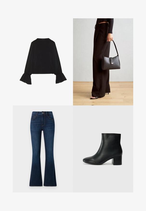 Čierny top s dlhými rukávmi, flitrovanými manžetami, mäkkou textúrou a voľným strihom, s jednoduchým okrúhlym výstrihom.; TOM TAILOR STELLA tmavomodrý denim; Čierne kožené členkové čižmy s špicatou špičkou a hrubým podpätkom. Hladká textúra s minimálnymi akcentmi a elegantným, priliehavým dizajnom.; Čierna kabelka so štruktúrovaným tvarom, hladkou textúrou a kovovou sponou. V kombinácii so širokými čiernymi nohavicami a sandálmi s otvorenou špičkou na drevenej podlahe.