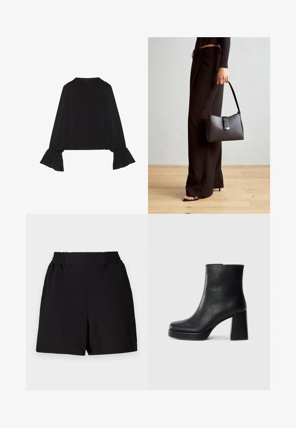 Top preto de mangas longas com punhos largos, textura suave e um corte descontraído, com um simples decote redondo.; Calções pretos em tecido texturado, com cintura elástica e corte reto. Apresentam um design limpo, sem detalhes ou padrões adicionais.; Bota de couro preta até ao tornozelo com salto bloco e sola com plataforma, vista de lado sobre um fundo branco liso.; Bolsa preta com forma estruturada, textura suave e um fecho metálico. Combinada com calças largas pretas e sandálias de salto aberto sobre um chão de madeira.