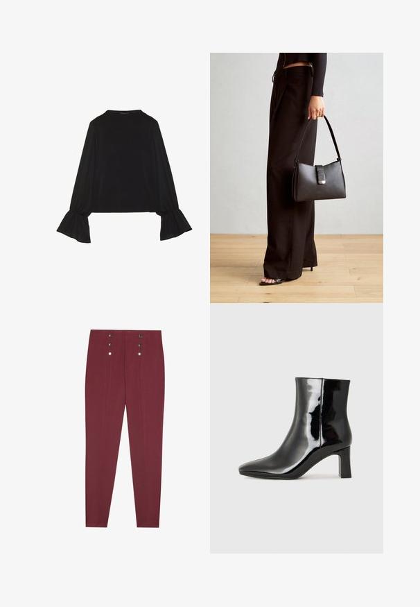 Černý top s dlouhými rukávy, který má rozšířené manžety, jemnou texturu a volný střih, s jednoduchým kulatým výstřihem.; Burgundské šité kalhoty se bočními kapsami, s hladkou texturou a čtyřmi dekorativními stříbrnými knoflíky na pásku.; Černé lakované kotníkové boty s špičatou špičkou a středně vysokým blokovým podpatkem. Hladká textura a minimalistický design.; Černá kabelka se strukturovaným tvarem, hladkým povrchem a kovovým uzávěrem. Kombinována s širokými černými kalhotami a sandály s otevřenou špičkou na dřevěné podlaze.