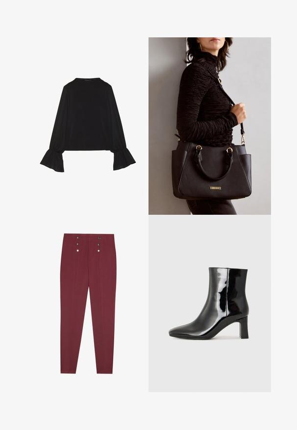 Svart langermet topp med utsvingte mansjetter, myk tekstur og avslappet passform, med enkel rund hals.; Burgunderfargede skreddersydde bukser med sidelommer, med en glatt tekstur og fire dekorative sølvknapper i midjen.; Sorte patentlær ankle boot med spiss tå og en mellomhøy blokkhelt. Glatt tekstur og minimalistisk design.; Svart håndveske med teksturert overflate, doble topphåndtak og justerbar skulderrem. Har detaljer i gulltone og sidelommer.