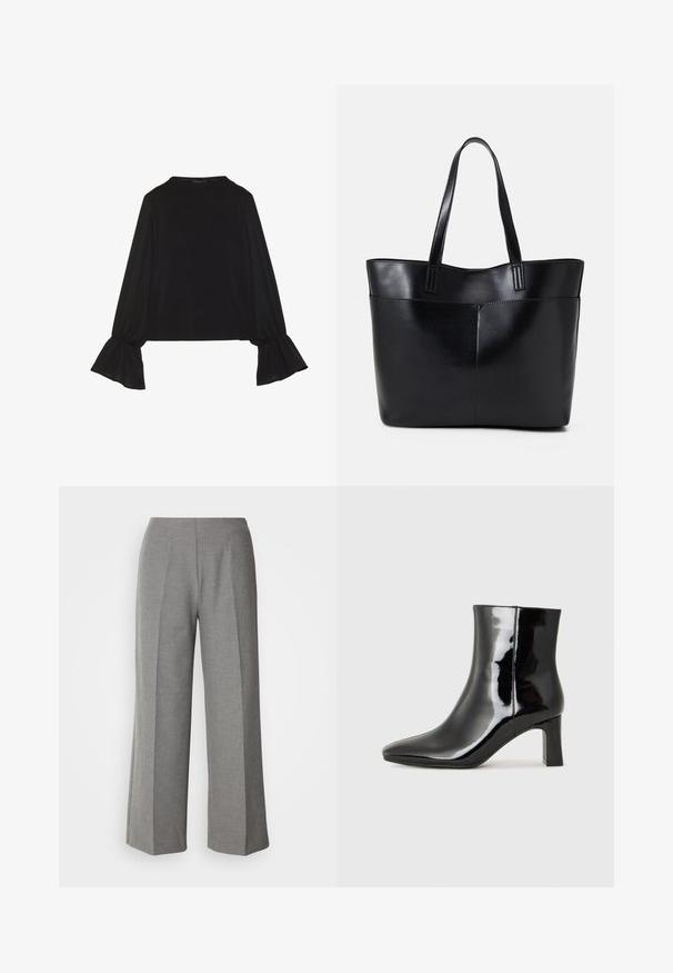Svart långärmad topp med utställda ärmslut, mjuk textur och avslappnad passform, med en enkel rund halsringning.; Grå skräddarsydda vida byxor med en slät yta, som har en platt front och skarpa vecklinjer på varje ben.; Svart lackläder ankelboot med spetsig tå och en medelhög klack. Slät textur och minimalistisk design.; Svart läder tote-väska med två långa handtag, en slät yta och en strukturerad form. Har en framficka för extra förvaring.