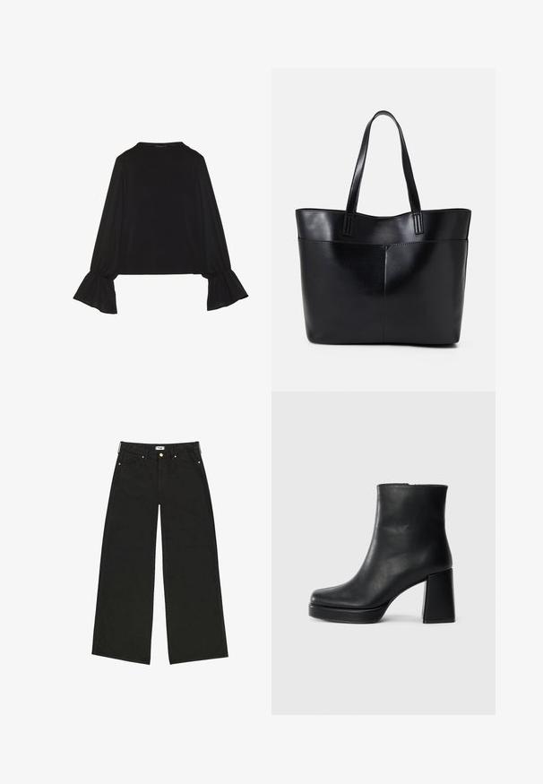 Top preto de mangas longas com punhos largos, textura suave e um corte descontraído, com um simples decote redondo.; Jeans pretos de perna larga feitos de denim, com uma cintura alta, bolsos frontais e acessórios em tom dourado contrastante. Corte reto e limpo.; Bota de couro preta até ao tornozelo com salto bloco e sola com plataforma, vista de lado sobre um fundo branco liso.; Bolsa tote preta em couro com duas alças longas, textura suave e forma estruturada. Apresenta um bolso frontal para armazenamento adicional.