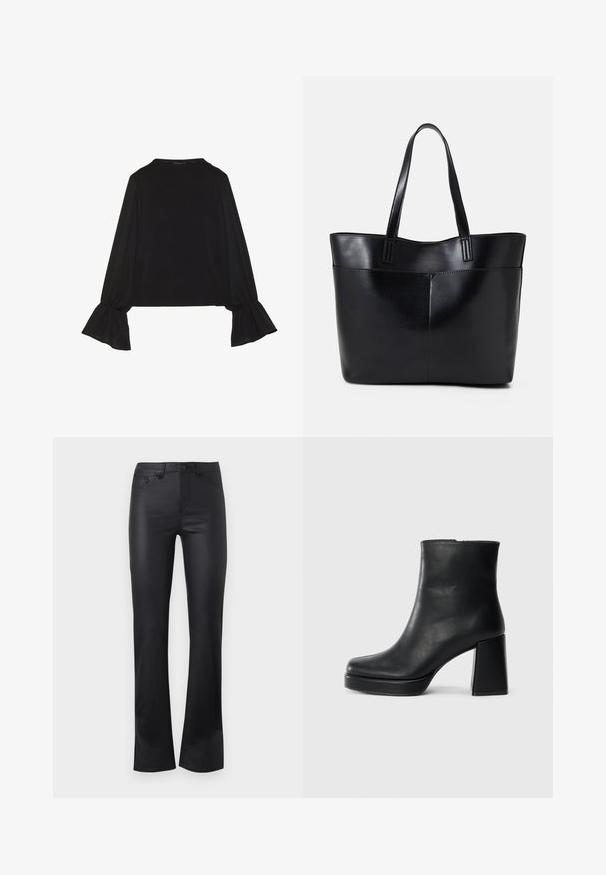 Top preto de mangas longas com punhos largos, textura suave e um corte descontraído, com um simples decote redondo.; Jeans pretos boca de sino feitos de tecido suave, com fecho frontal por botão, cinco bolsos e detalhes de costura discretos.; Bota de couro preta até ao tornozelo com salto bloco e sola com plataforma, vista de lado sobre um fundo branco liso.; Bolsa tote preta em couro com duas alças longas, textura suave e forma estruturada. Apresenta um bolso frontal para armazenamento adicional.