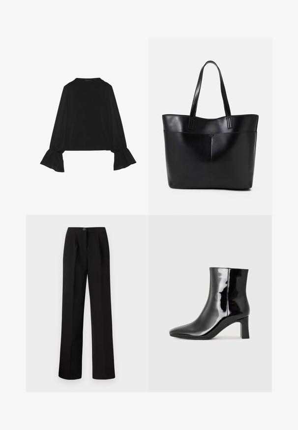 Fekete, hosszú ujjú felső, harang alakú mandzsettákkal, puha textúrával és laza szabással, egyszerű, kerek nyakkivágással.; Fekete nadrág egyenes szárú kialakítással, elöl redőkkel, gombos záródással és sima, textúrált anyaggal.; Fekete lakk bőrcipő bokáig érő, hegyes orral és közepes magasságú tömbsarokkal. Simább textúrával és minimalista dizájnnal rendelkezik.; Fekete bőr bevásárlótáska két hosszú fogantyúval, sima felülettel és strukturált formával. Elülső zseb található rajta a plusz tárolás érdekében.