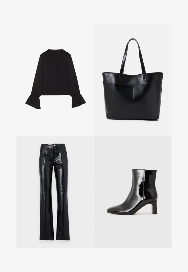 Top preto de mangas longas com punhos largos, textura suave e um corte descontraído, com um simples decote redondo.; Calças pretas de cintura alta, feitas de couro sintético brilhante, apresentando uma textura de crocodilo, ajuste justo e design de pernas largas.; Botim de tornozelo em pele sintética preta com bico apontado e salto bloco de altura média. Textura suave e design minimalista.; Bolsa tote preta em couro com duas alças longas, textura suave e forma estruturada. Apresenta um bolso frontal para armazenamento adicional.