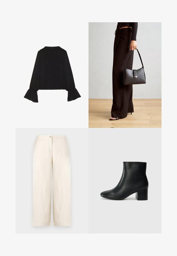 Fekete, hosszú ujjú felső, harang alakú mandzsettákkal, puha textúrával és laza szabással, egyszerű, kerek nyakkivágással.; Beige, széles lábfejű nadrág könnyű anyagból, gombos zárással, övhurkokkal és letisztult szegéllyel. Sima textúra és minimalista dizájn.; Fekete bőr bokacsizma hegyes orral és vastag sarokkal. Sima felület minimális díszítéssel és karcsú, passzos kialakítással.; Fekete kézi táska strukturált formával, sima textúrával és fémből készült záródással. Széles fekete nadrággal és nyitott orrú szandállal párosítva, fából készült padlón.