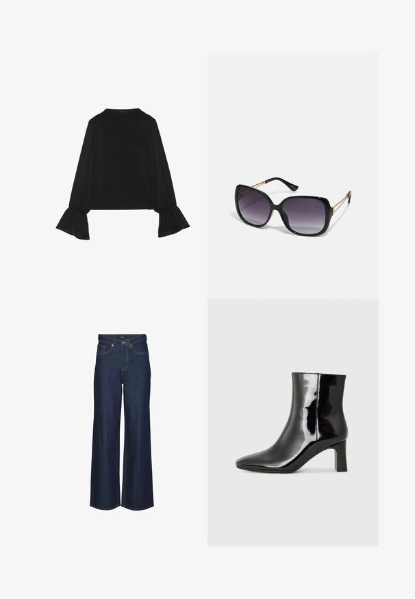 Zwarte langemouwen top met uitlopende manchetten, een zachte textuur en een relaxed fit, met een eenvoudige ronde halslijn.; Donkerdenim wijdvallende jeans met een hoge taille, voorzien van stikselaccenten, riemlussen en zijzakken. Gladde textuur, klassiek ontwerp.; Zwarte gepolijste leren enkellaars met een spitse neus en een blokhak van gemiddelde hoogte. Glad textuur en minimalistisch ontwerp.; Zwarte oversized zonnebril met gradient glazen, dikke montuur en gouden kettingdetails op de pootjes.; Zwarte handtas met gestructureerde vorm, gladde textuur en een metalen sluiting. Gecombineerd met brede zwarte broeken en sandalen met open teen op een houten vloer.