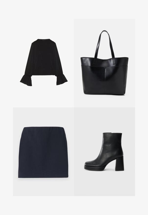 Musta pitkähihainen toppi, jossa on levenevät hihansuut, pehmeä rakenne ja rento fit, yksinkertaisella pyöreällä pääntiellä.; Tummansinisestä sileästä kankaasta valmistettu mini-hame, jossa on joustava vyötärö. Yksinkertainen muotoilu ilman kuvioita tai näkyviä metalliosia.; Musta nahkasaapas nilkkapituisena, jossa on paksu korko ja alustapohja, nähtynä sivulta yksinkertaisella valkoisella taustalla.; Musta nahkainen kassi, jossa on kaksi pitkää kahvaa, sileä pinta ja jämäkkä muoto. Sisältää etutaskun lisävarastointia varten.
